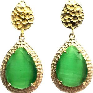 Handmade Hammered 14K Gold Plated Women's Drop Earrings with Green Natural Stone